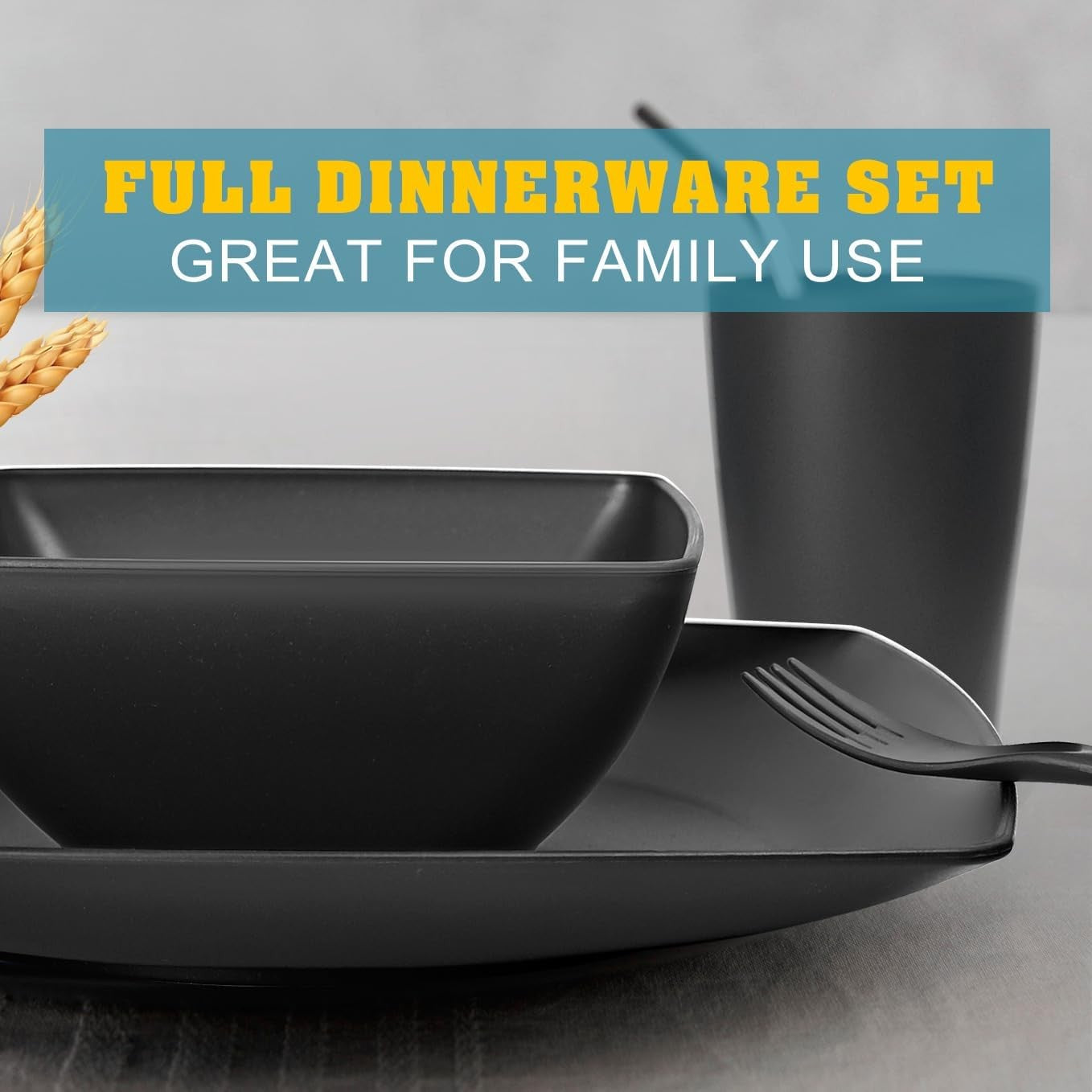 56-piece With Flatware Kitchen Plastic Wheat Straw Square Dinnerware Set for 8, Unbreakable Dinner Plates, Snack Bowls, Tumblers