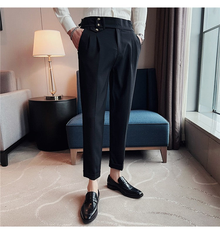 British Style Spring New Solid Business Casual Suit Pants High Waist Button Men Formal Pants High Quality Slim Office Trousers