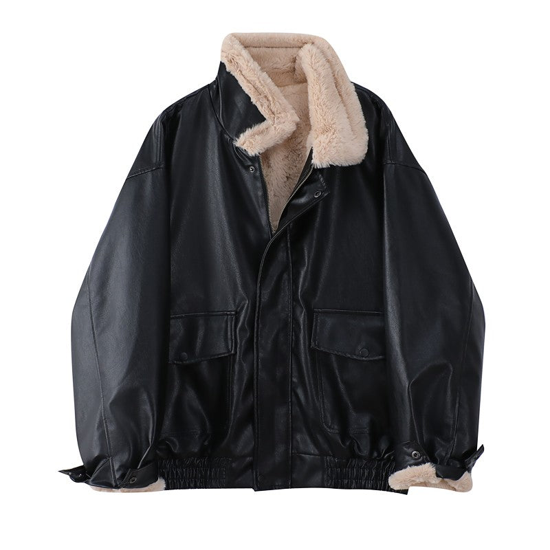 Winter Women's Fur Leather Jacket Long Sleeved Loose Warm Lamb Wool Vintage Thickened Locomotive Lapel Female PU Motorcycle Coat