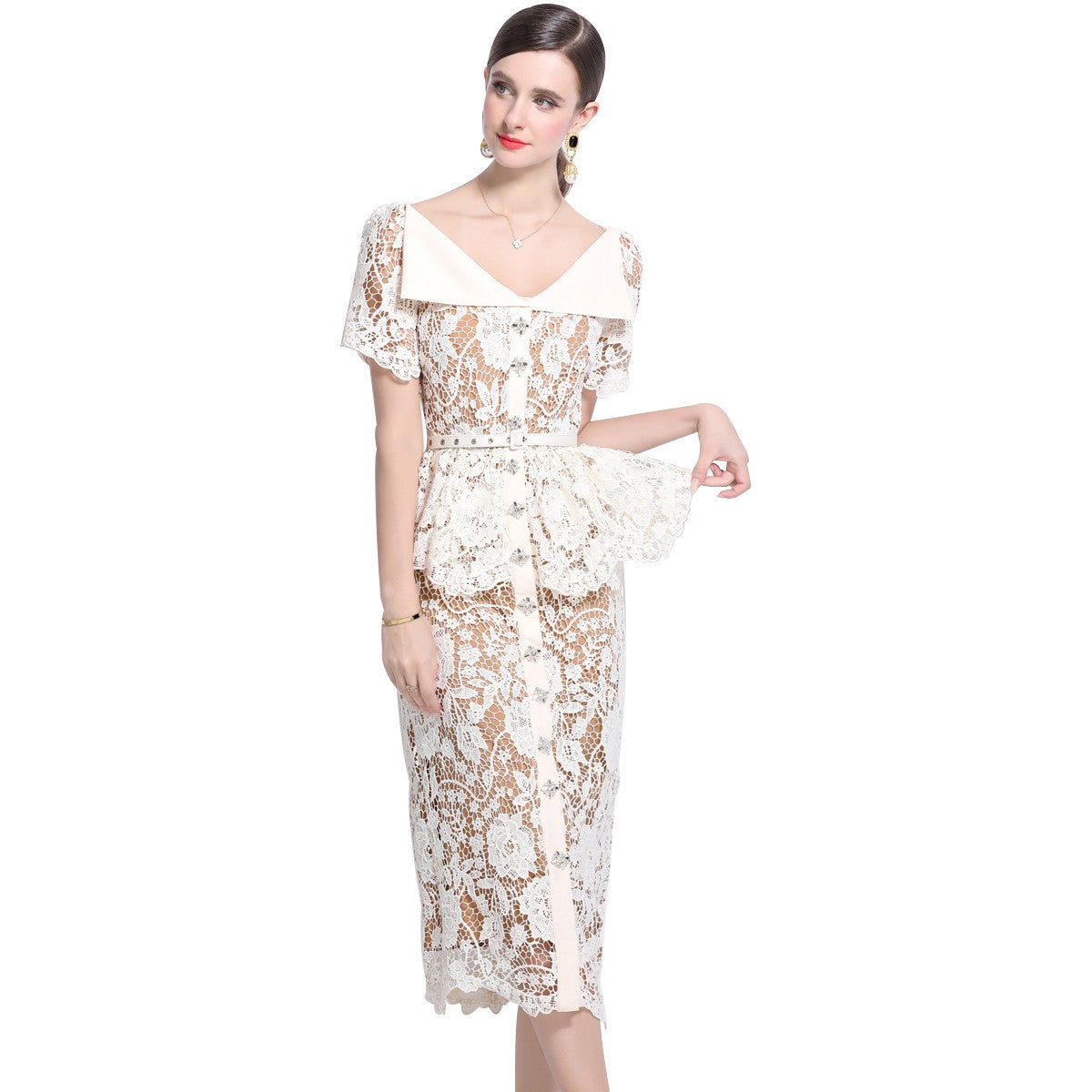 Quality Summer Beaded Diamonds Embroidery Beige White Lace Evening Dress Women S