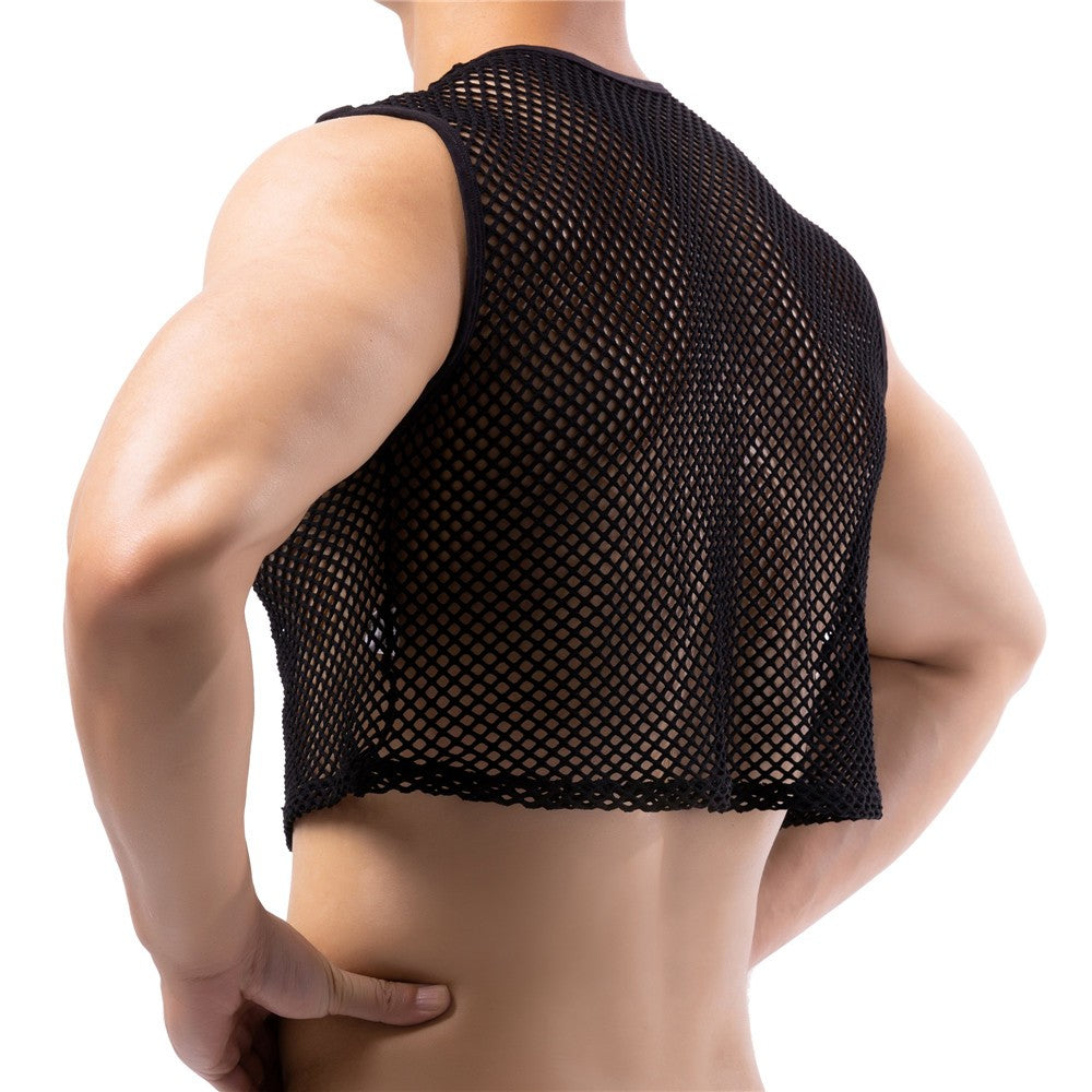 Mens Transparent Fishnet Crop Top Sexy Mesh Hollow Out Tank Tops Gym Fitness Sleeveless Undershirts T-shirts Nightclub Mini Vest