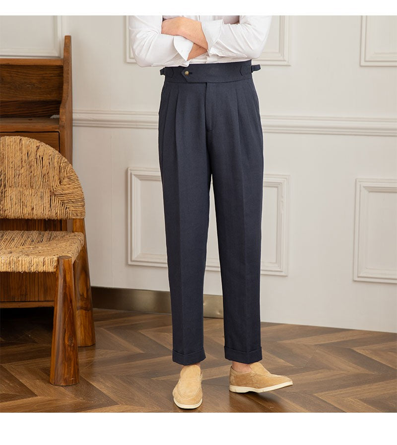 Three Gentleman Summer Naples Casual Straight Pants Men's Commuting Cotton and Linen Comfortable Breathable High Waist Pants