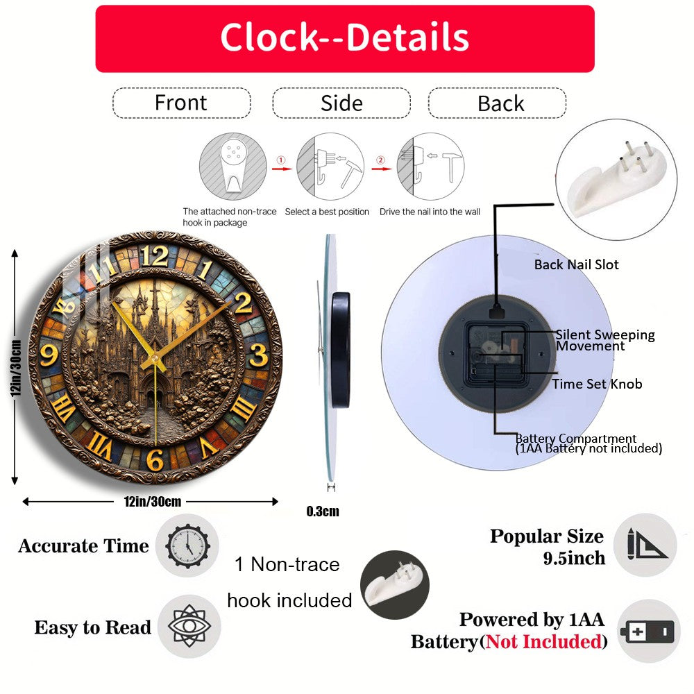 Tempered Glass Wall Clock Gothic Castle Clock Tower Suitable For Wall Decor or Tabletop Display Anywhere