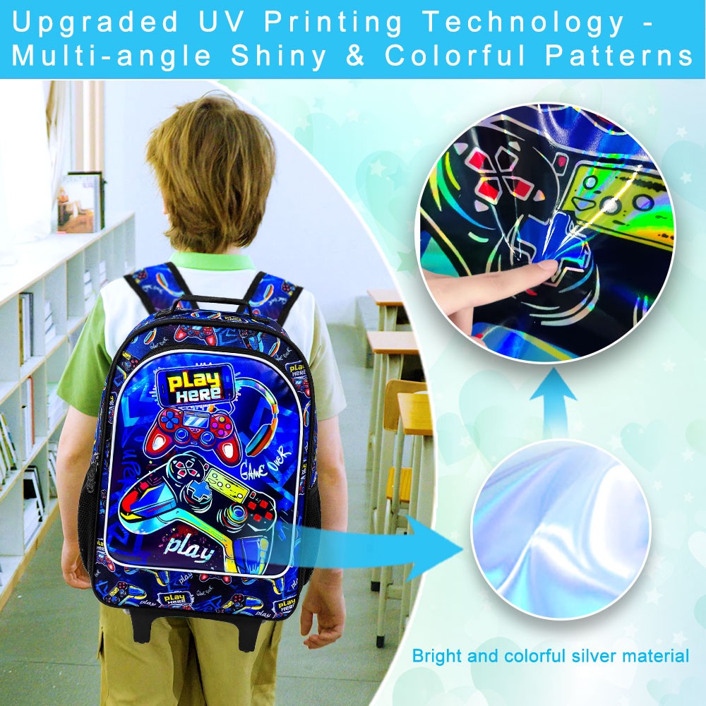 Mochila de Rodinhas 3 Peças para Meninos, Mochila Escolar com Rodinhas para Crianças, Mochila Escolar com Rodinhas Gamer para Pré-escola e Ensino Fundamental
