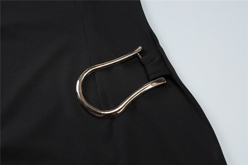 Mozision Short Sleeve Draped Sexy Mini Dress For Women Black Metal Buckle O Neck