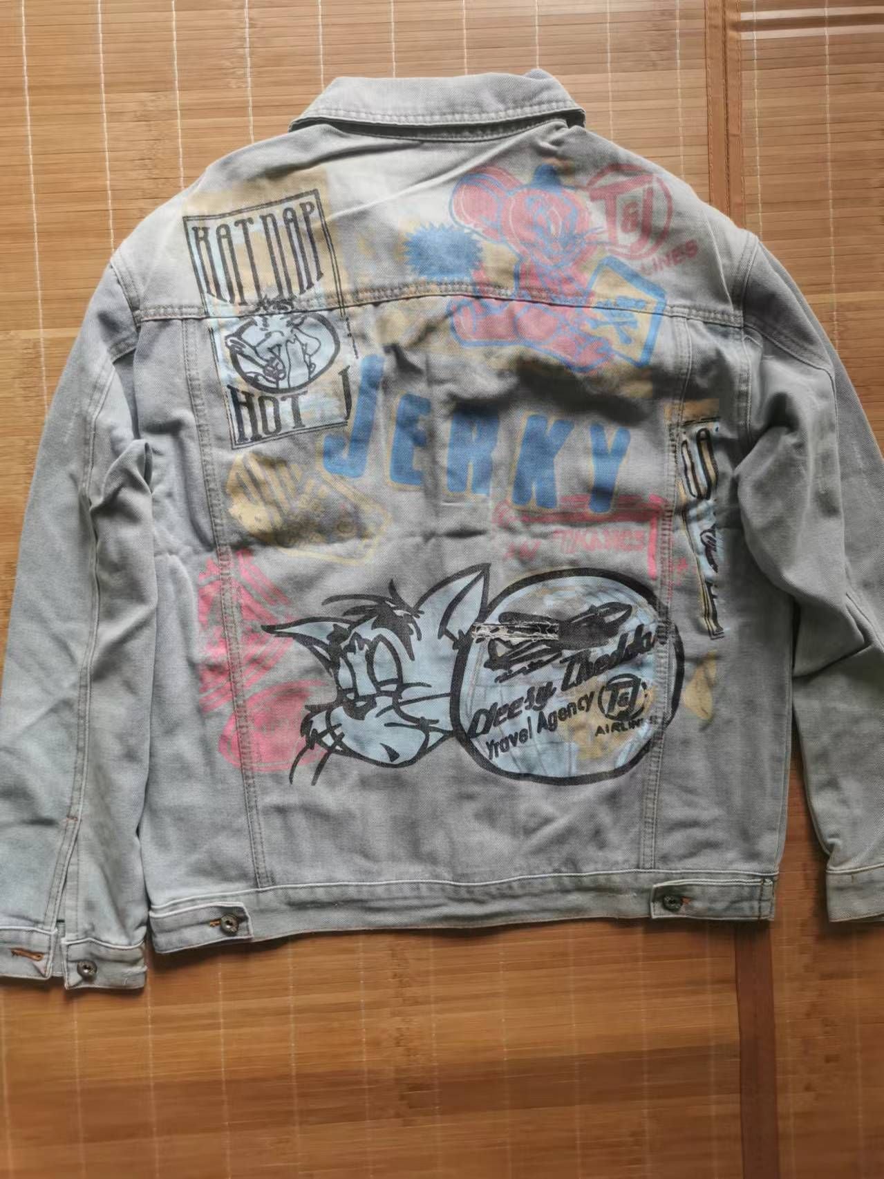 Fashion Cartoon Graphic Print Denim Jacket Men Streetwear Trend Hole Casual Loose Jean Jackets Coat Tops Clothing