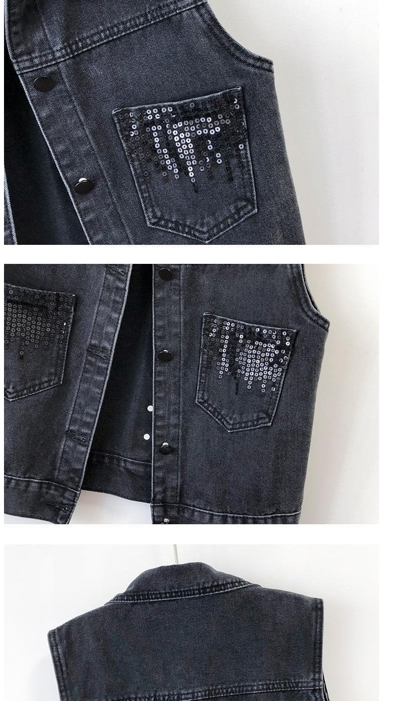2024 Fashion Design Sequins Denim Vest Summer Autumn Women's Waistcoat Korean Leeveless Denim Jeans Jacket Female Vest Tops