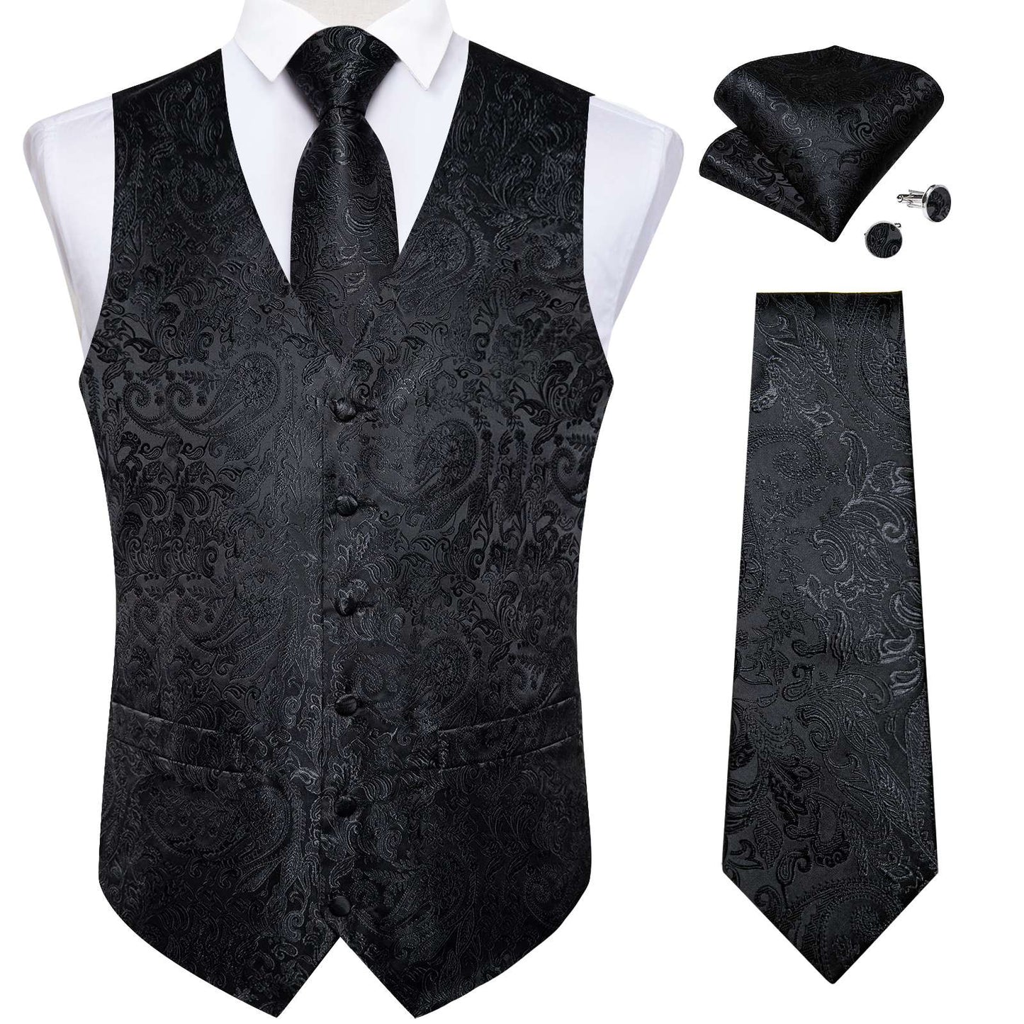 Luxury Paisley Men's Suit Vest Black Pink Red Wedding Prom Tuxedo Waistcoat Necktie Handkerchief Cufflink Sleeveless Jacket Vest