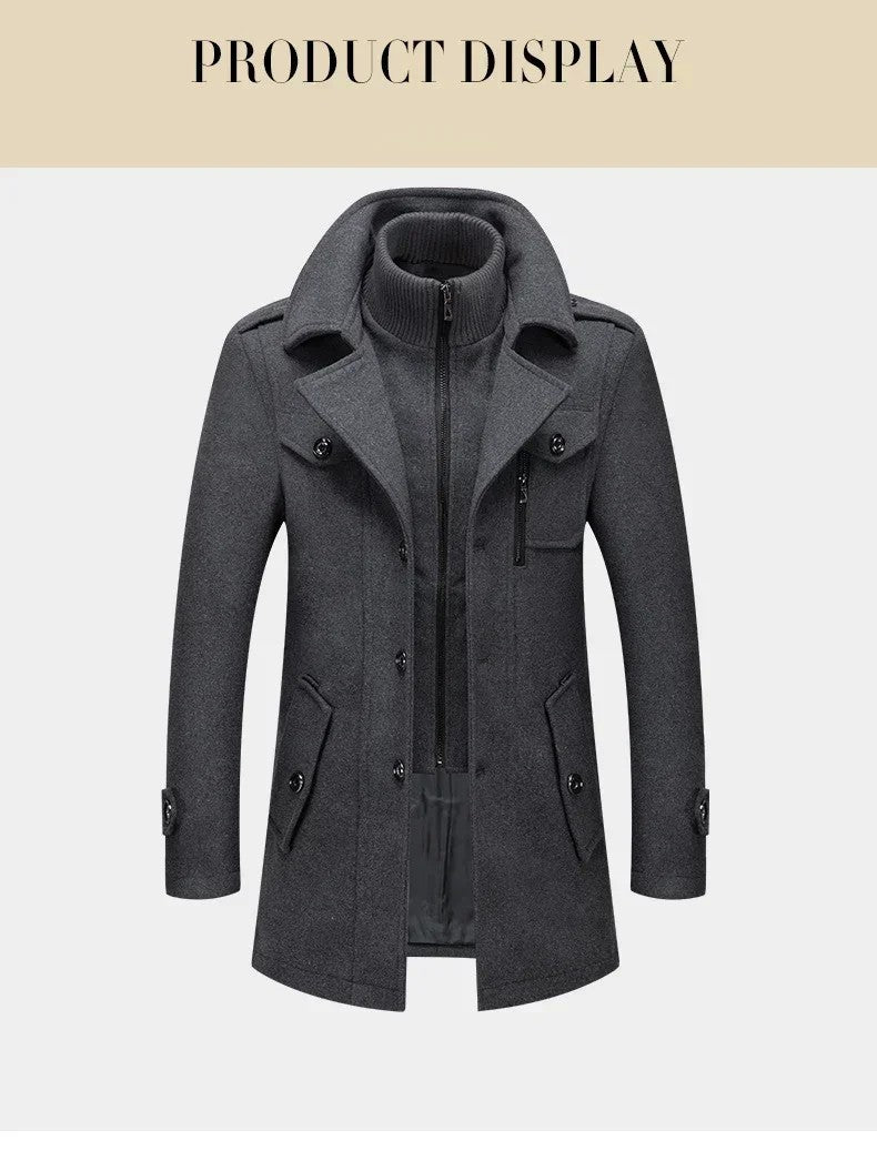 Fashion Middle Long Jacket Male Double Collar Zipper Coat Windbreak Woolen Overcoat Autumn Winter Wool Trench Coats