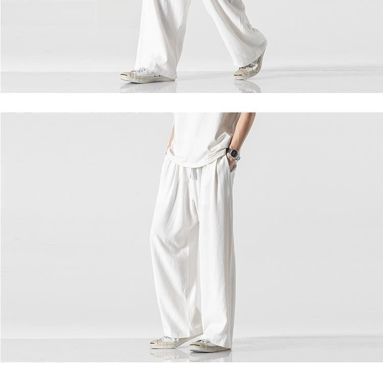 Summer Large Size Linen Cotton Wide Leg Pants Men Casual Comfortable Loose Fit Straight Leg Trousers Long Pants