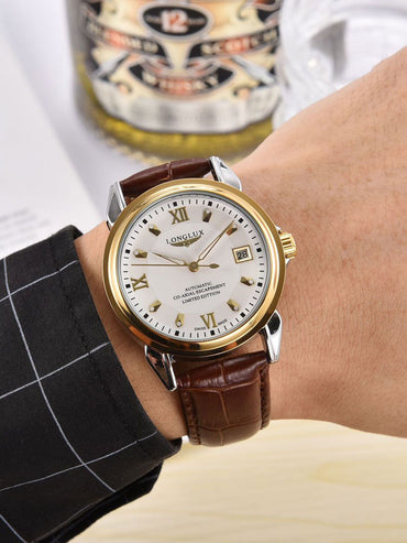 LONGLUX automatic man watch business leisure dating mechanical wristwatches day date waterproof leather mens watch men gift