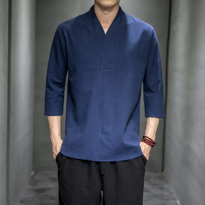 Shirts Men Solid Pullover V Neck Three Quarter Mens Kimono Shirts Traditional Streetwear Blouse Chinese Style Linen Shirts Man
