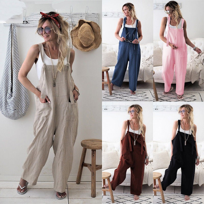 Women s Stylish Relaxed Fit Dungarees Adjustable Strap Sleeveless Jumpsuit Fashionable Wide Leg Retro Suit