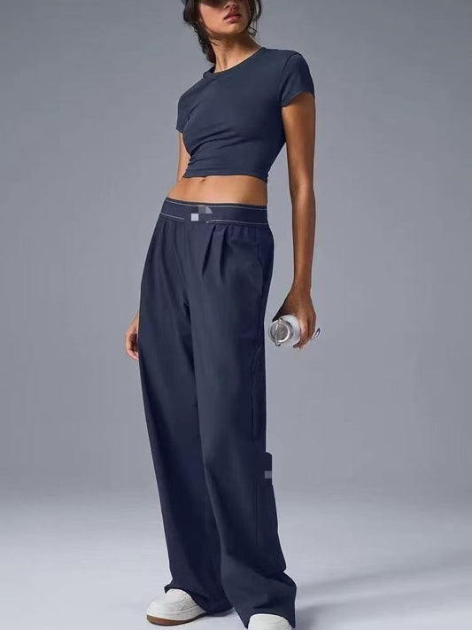 for aIo New Women's Sports Yoga Pants Wide Leg Quick Dry Elastic Waist Straight Trousers Fitness Casual Solid Black Summer Wear