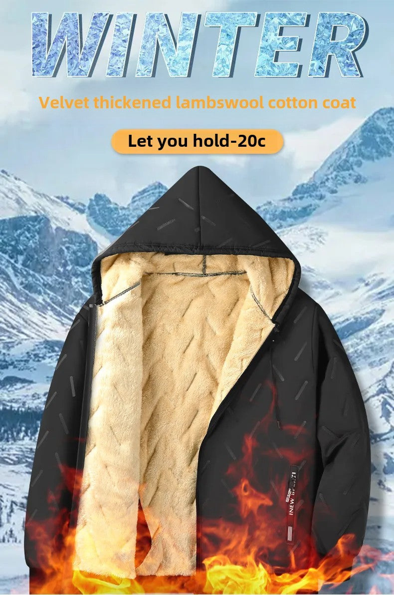 Men's Winter Lamb Velvet Jacket Fleece Lined Cotton Suit Hooded Loose plus Size Warm Cotton Coat Thermal Cotton Clothing
