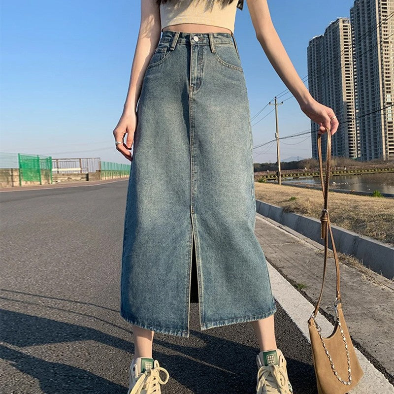 Summer New High-waist Slit Denim Skirt For Women Washed Retro A- line Skirt Hip-