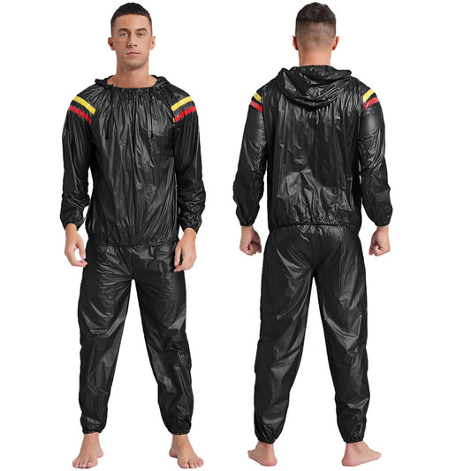 Mens Pullover Style PVC Sweating Suit for Boxing Gym Workout Fitness Sauna Sweat Outfit Hooded Jacket Outerwear And Long Pants