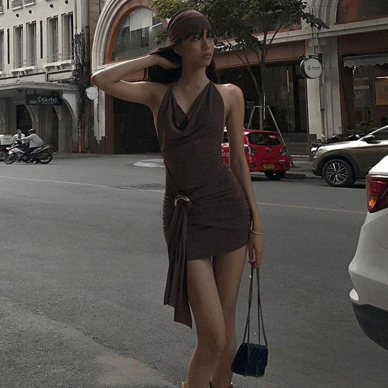 WhereMery Vintage Brown Low-cut Backless Mini Dress Y2K Women Bandage Pleated A-