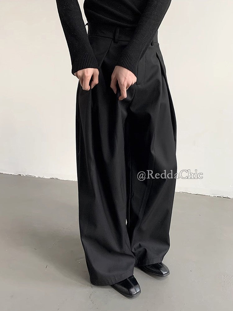 REDDACHiC Men's Pleated Front Wide Leg Pants Cleanfit Black Solid Low Waist Dressy Trousers Unisex Office Work Casual Clothes