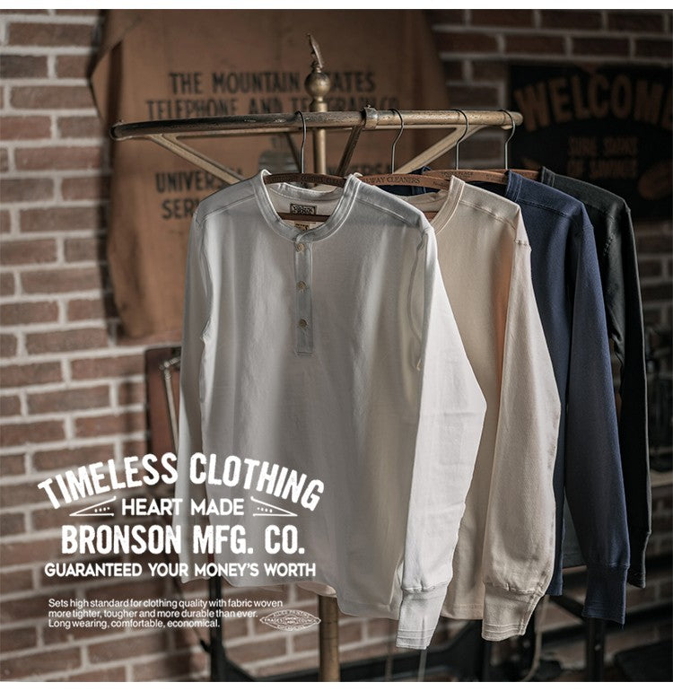 Bronson 350g Heavyweight L/S Henley Shirt Vintage Plain Base T-Shirt For Men