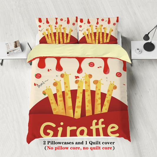 3pcs Cartoon Animal Park Theme Printed BeddingSet,For Bedroom, Guest Room (1*Duvet Cover + 2*Pillowcase, NO Core)