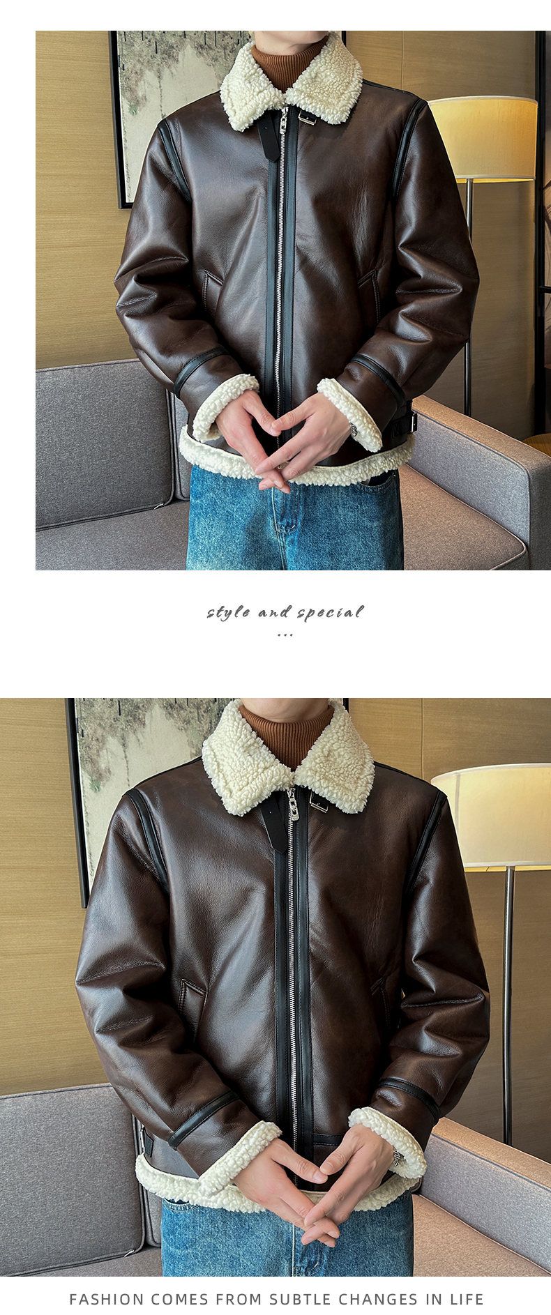 Autumn and winter warm thick leather jacket for men's trendy slim fit lapel motorcycle suit men's leather jacket