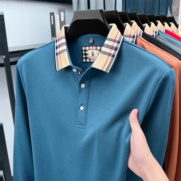 Luxury brand long sleeve polo shirt men comfortable casual autumn item silk cotton high-end Korean fashion plaid lapel T-shirt