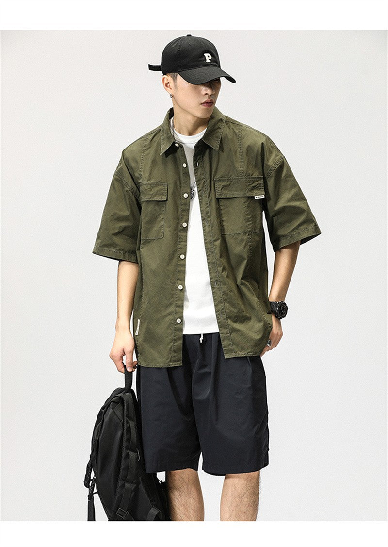 Summer Japanese Cargo Short Sleeve Shirt Men's Pockets Button Turn-down Collar Shirts Fashion Casual Cardigan blouses Tops