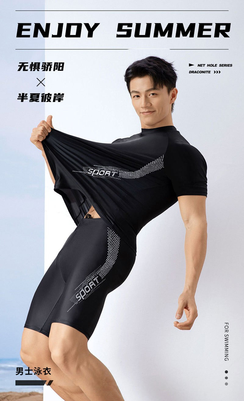 Men Swimsuit O-Neck Short Sleeve Mid-rise Swimming Suit Printing Slim Fit T-shirt Swimming Trucks Set Beachwear