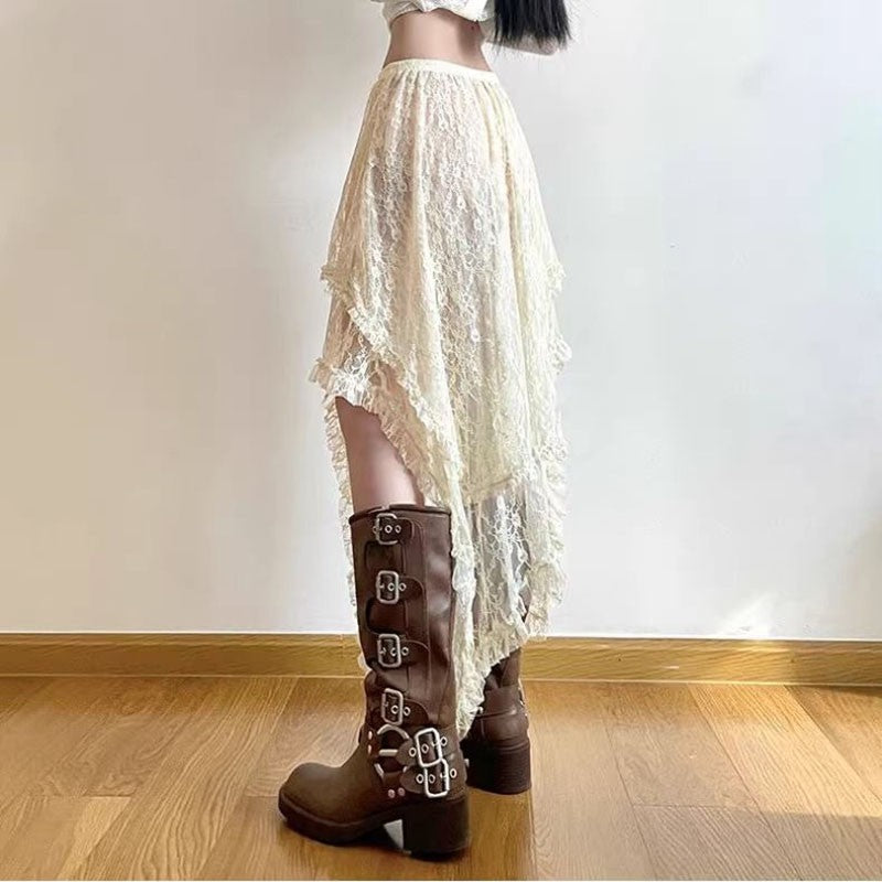 Lace Asymmetrical Skirt Women Vintage Y2K Boho Aesthetic Fashion High Waist Mid Skirts Summer Ladies Holiday Outfits