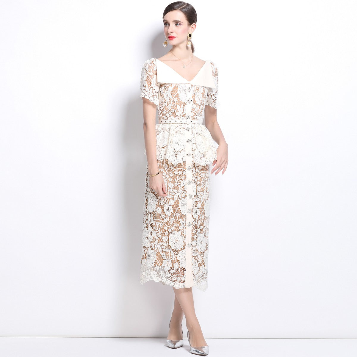 Quality Summer Beaded Diamonds Embroidery Beige White Lace Evening Dress Women S