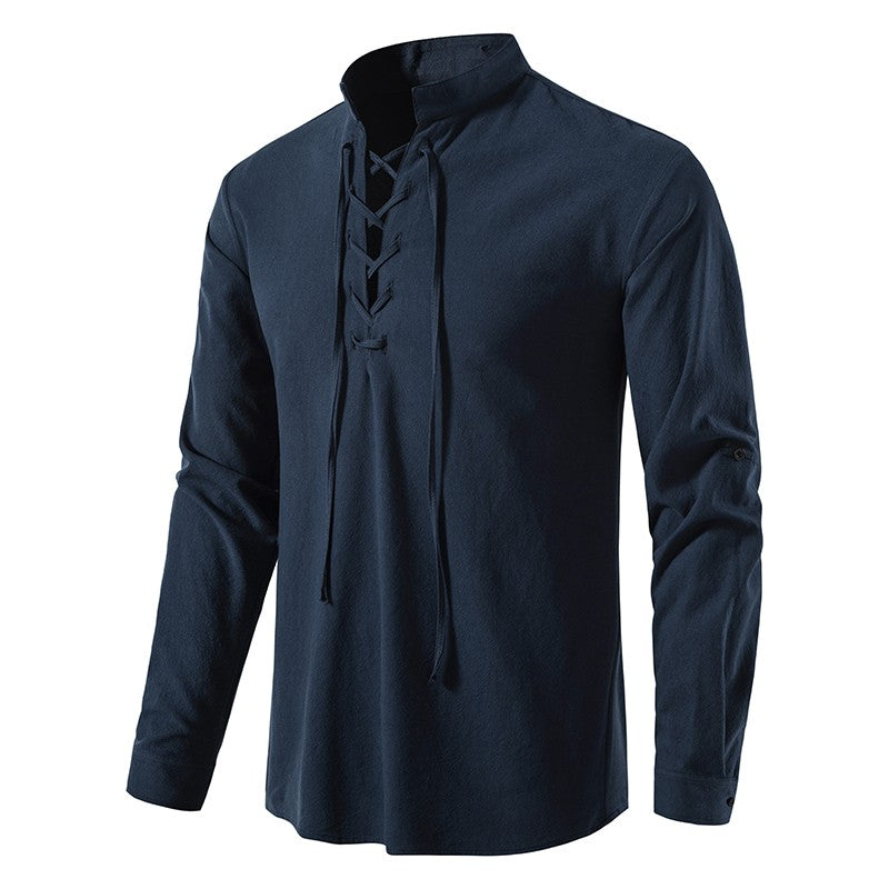 King Billion Men's Shirts Casual Men Cotton Linen Long Sleeve T-shirt Spring Autumn Vintage Shirt US Size Drawstring Neck