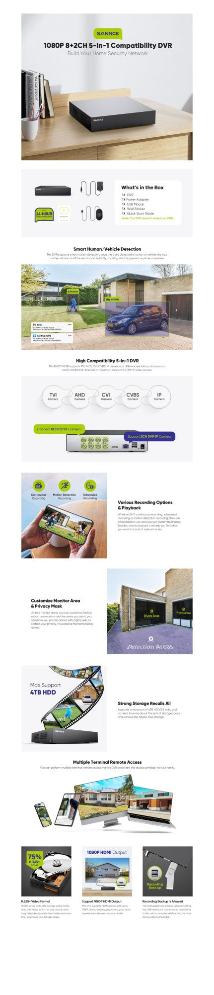 ANNKE 1080P H.265 Pro+ Security DVR Recorder with Human/Vehicle Detection 8CH Hybrid 5-in-1 CCTV DVR for Surveillance Camera