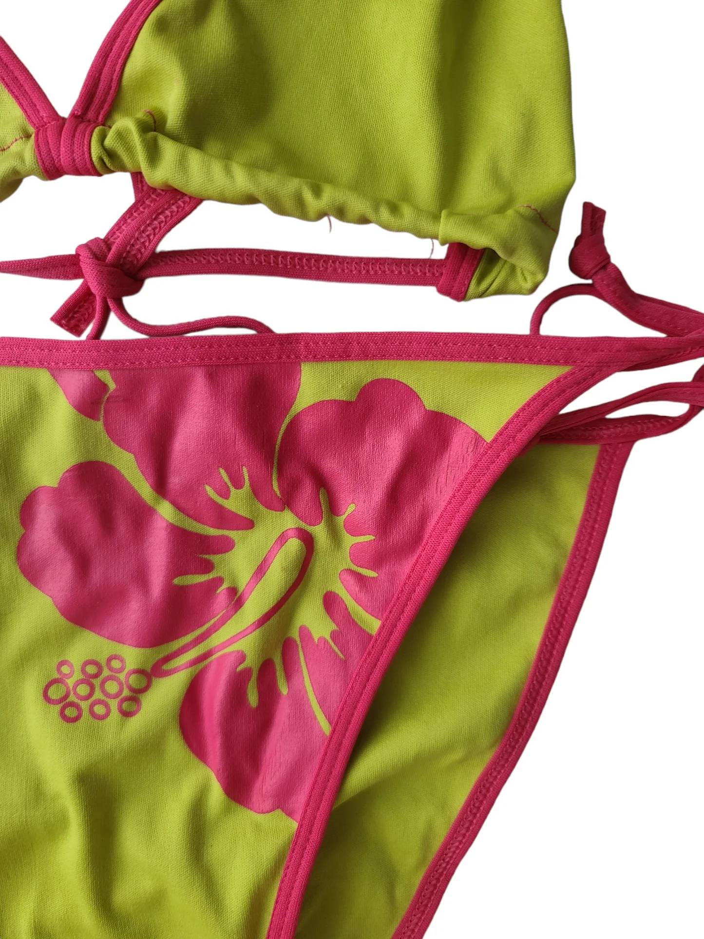 Basic minimalist casual girl floral print neck tie versatile summer beach bikini two-piece set