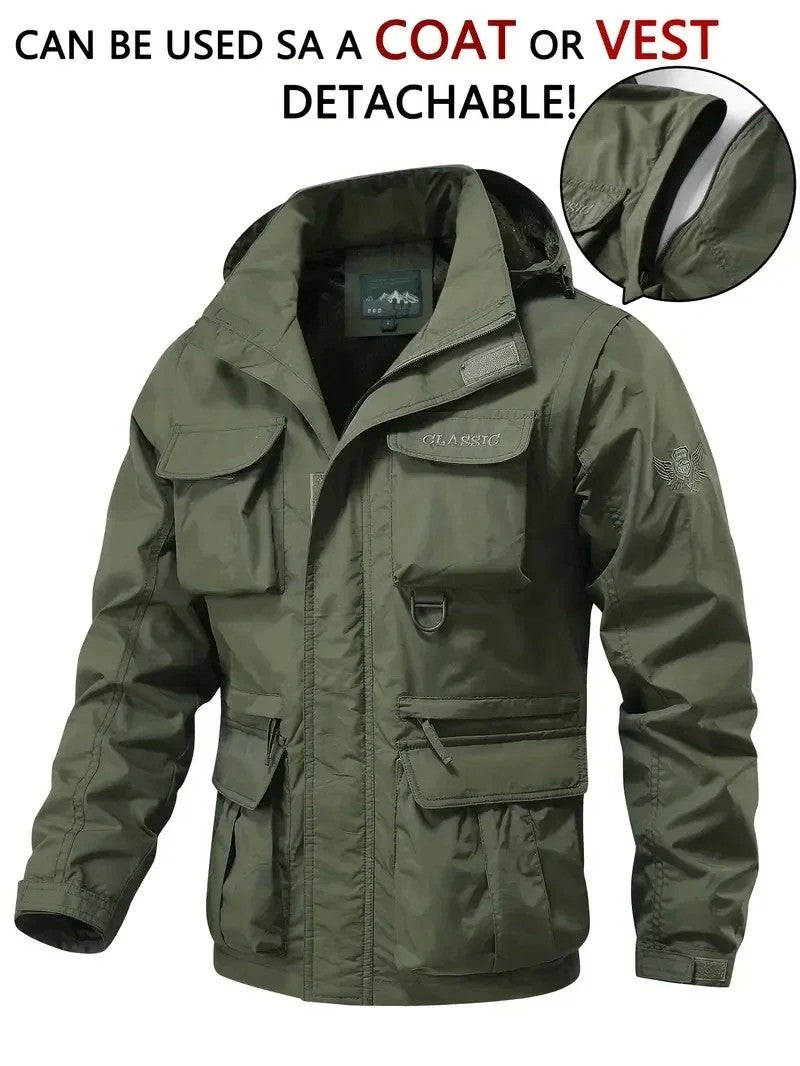 Men's Casual Waterproof Multi Bag Cargo Jacket Vest Suitable for Outdoor Activities Detachable Windproof Hooded Jacket Jacket