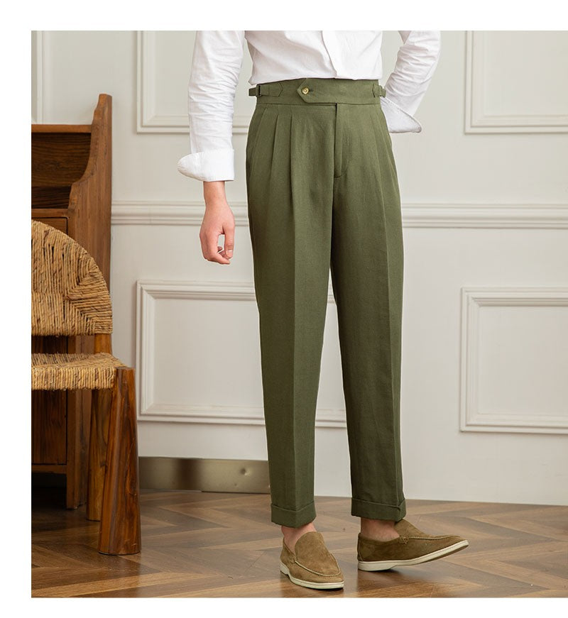 Three Gentleman Summer Naples Casual Straight Pants Men's Commuting Cotton and Linen Comfortable Breathable High Waist Pants