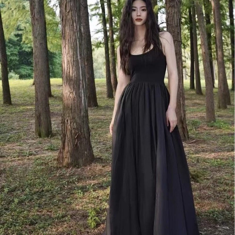 Black Strapless Long Dress Women Fashion Slim Sleeveless O-Neck High Waist Dress