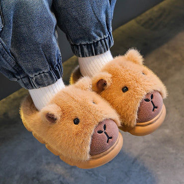 Capybara Children Slippers 2025 Winter New Cute Fluffy Cotton floor shoes woman Warm Indoor Cartoon Plush Floor Home Slippers
