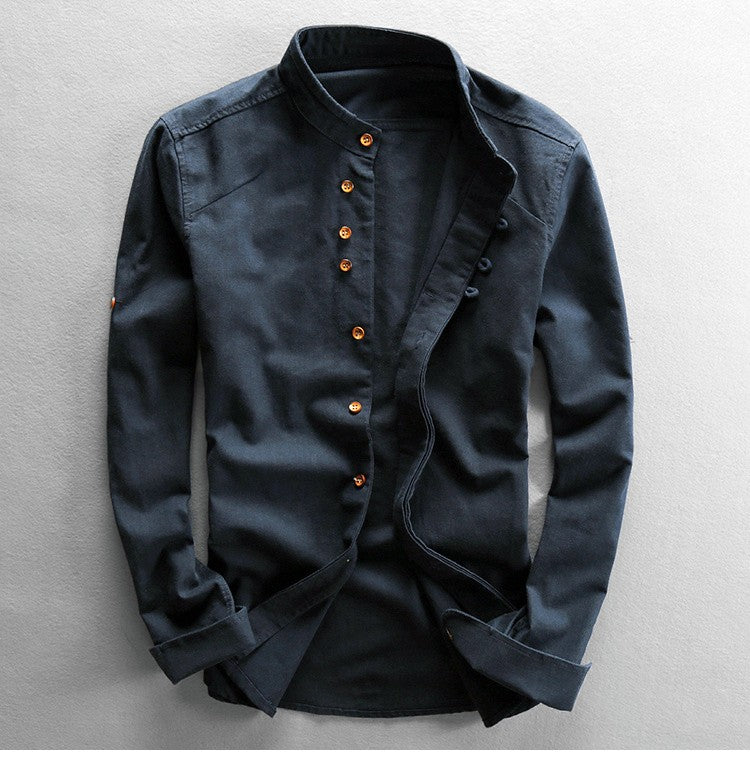 Japan Style Mens Linen Cotton Shirt Harajuku Stand Collar Long Sleeve Slim Fit Solid Color Male Casual Breathable Classical Tops