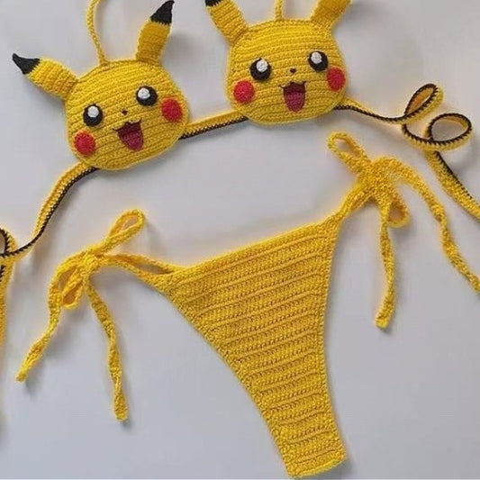 Kwaii Pikachu Girls Sexy Swimsuit Handmade Crochet Cute Bikinis Set 2pcs Womens Swimming Suit String Bikini Thongs Bathing Suit