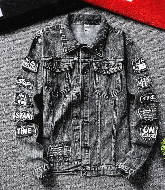 Jeans Coat for Men Hip Hop with Print Ripped Button Black Hole Denim Jackets Man Size L Large Lxury Worn Cowgirl Fast Delvery G