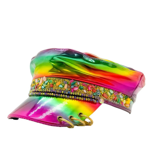 HongLuan Luxury Laser Leather Loop Captain Hat Rhinestone & Military Caps for Woman, Rave Festivals Accessories ? Party Cap Man