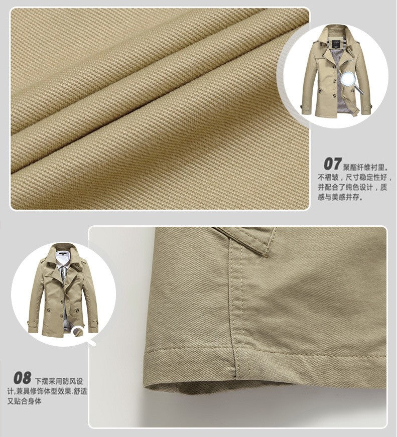 Men's Spring and Autumn New Fashion Casual Cotton Trench Coat, Solid Color Lapel Single-breasted Mid-long Splicing Trench Coat