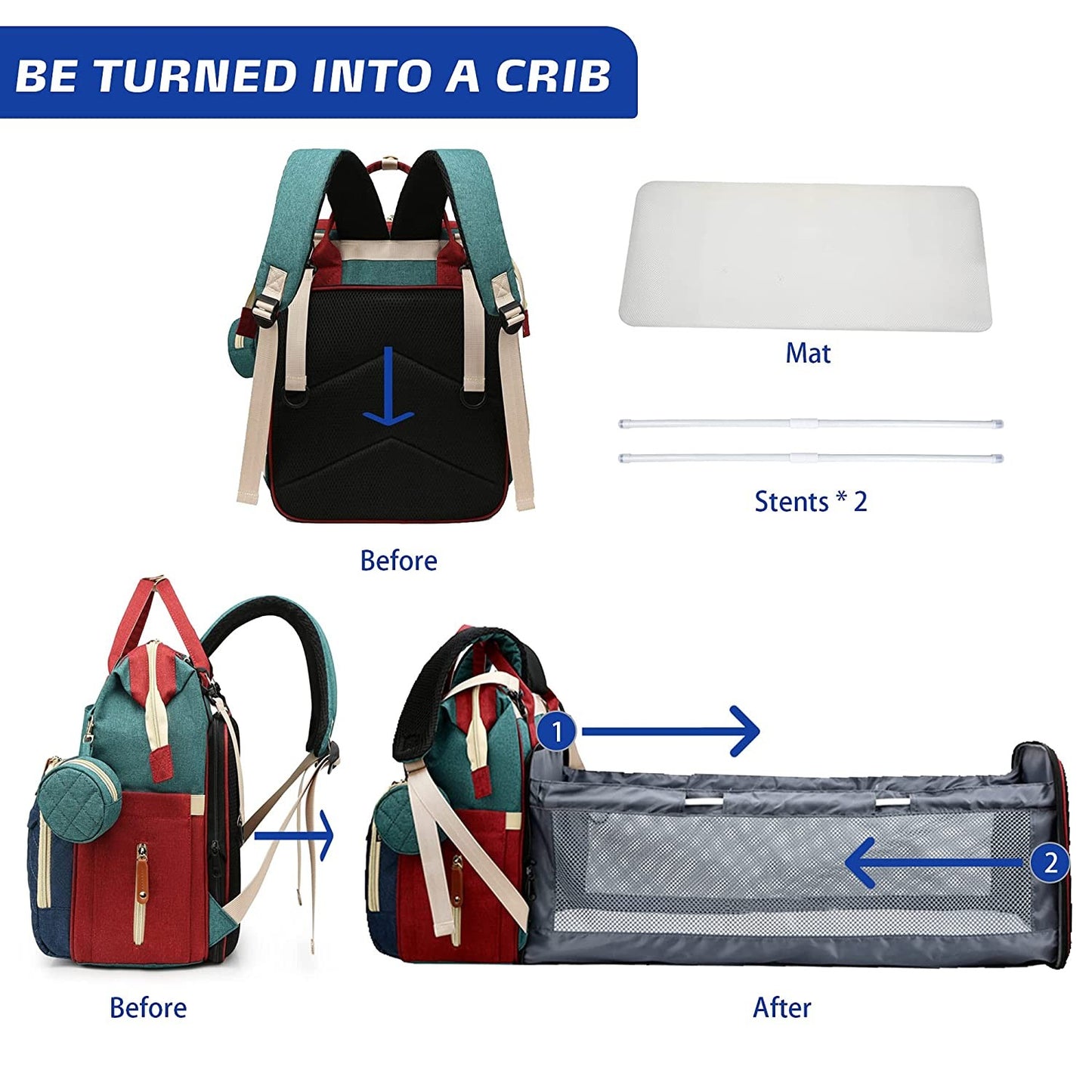 Mochila-berço 3 em 1 dobrável à prova d'água com USB para viagem e para troca de fraldas 3 tipos