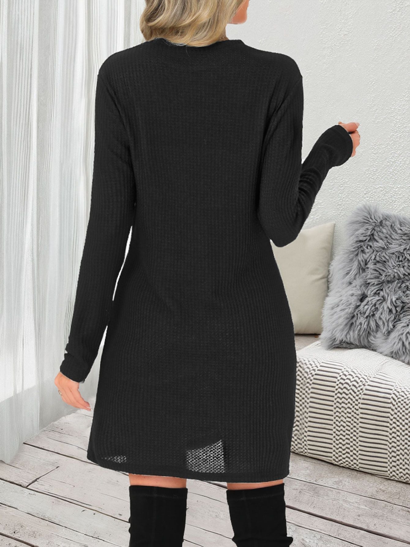 Women's autumn and winter classic twisted elastic waffle texture long sleeve dress