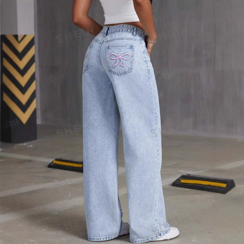 Bow Embroidered Jeans Women's Sweet Spicy Style High Waist Straight Leg Pants Loose Casual Wash High Street Denim Pants