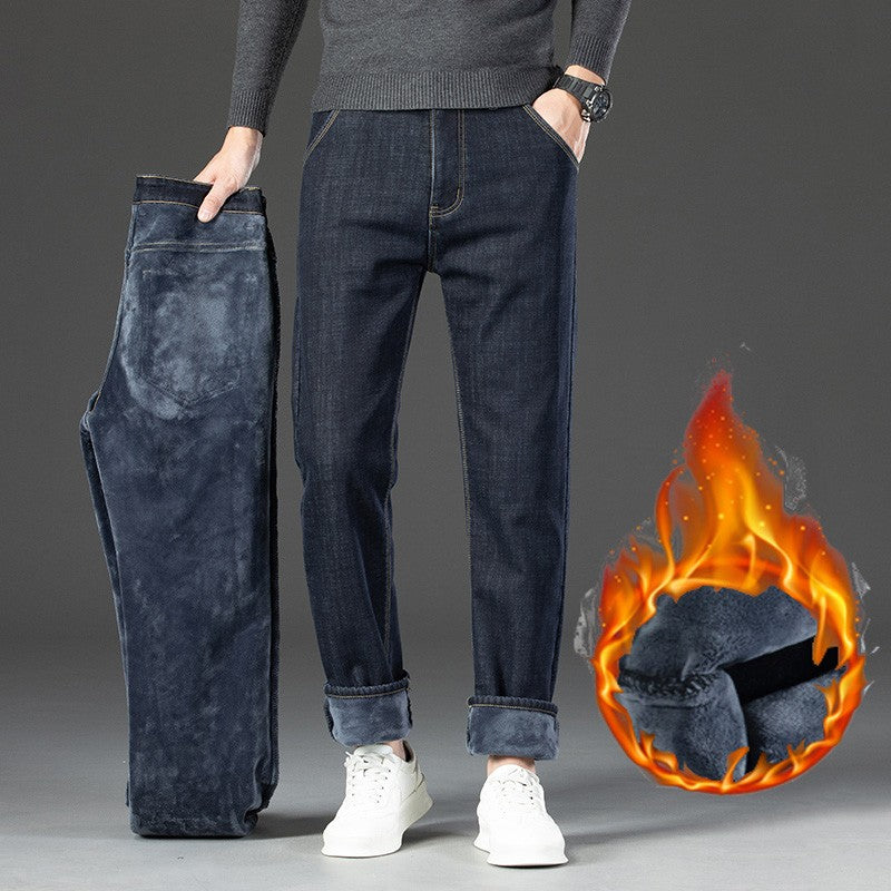 28-40 Large Size Winter Men Plush Thick Fleece Trouser Lambswool Thermal Jeans Casual Pants Windproof Warm Cotton Denim Pants