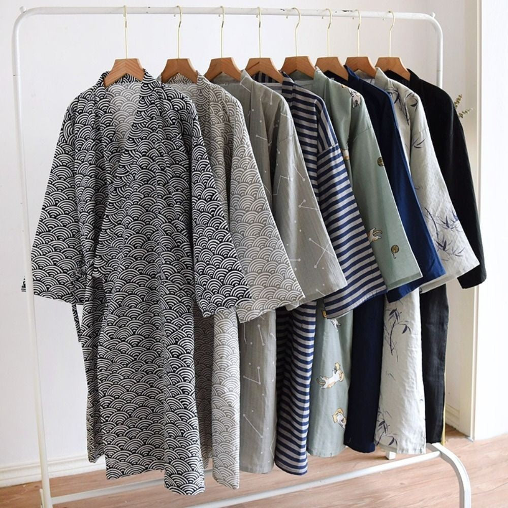 Sleepwear V-Neck Men's Kimono Bathrobe Loose Long Sleeve Japanese-Style Yukata Print Casual Men's Hooded Robe Sauna