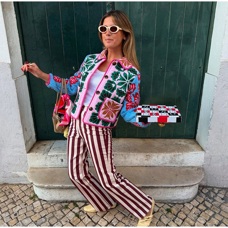Women's Fashion Print Panelled Quilted Cotton Jacket Long Sleeve Pocket Cardigan Coat 2025 Autumn Winter Daily Casual Outerwear