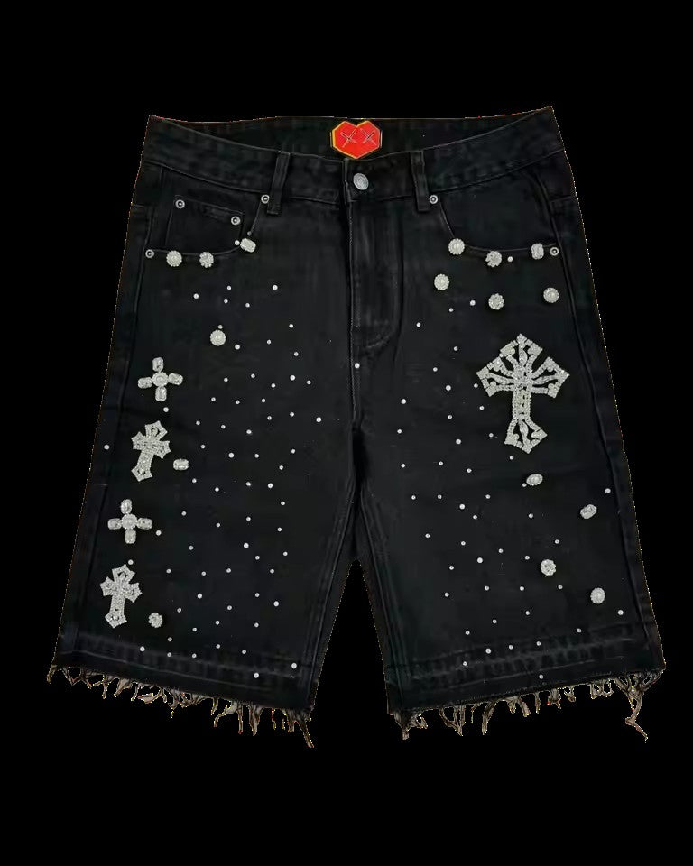 Retro Gothic Y2k Sweatpants Oversized Iron Diamond Pattern Denim Shorts for Men Hip Hop Punk Low Waist Gym Shorts Streetwear